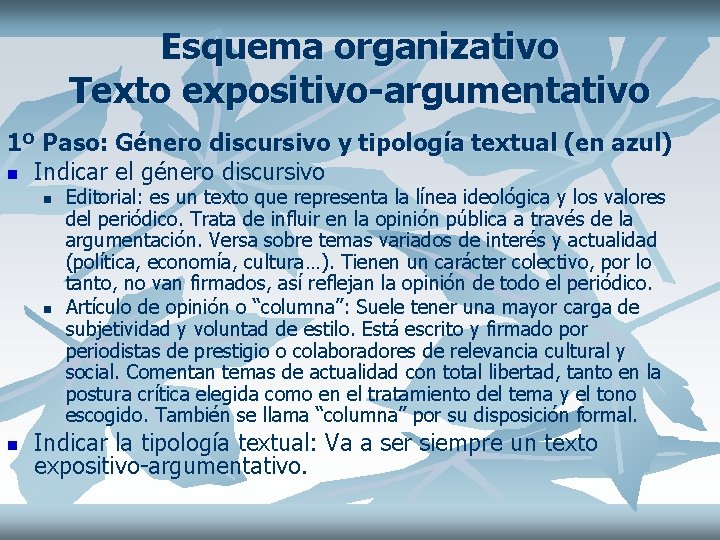 Esquema organizativo Texto expositivo-argumentativo 1º Paso: Género discursivo y tipología textual (en azul) n