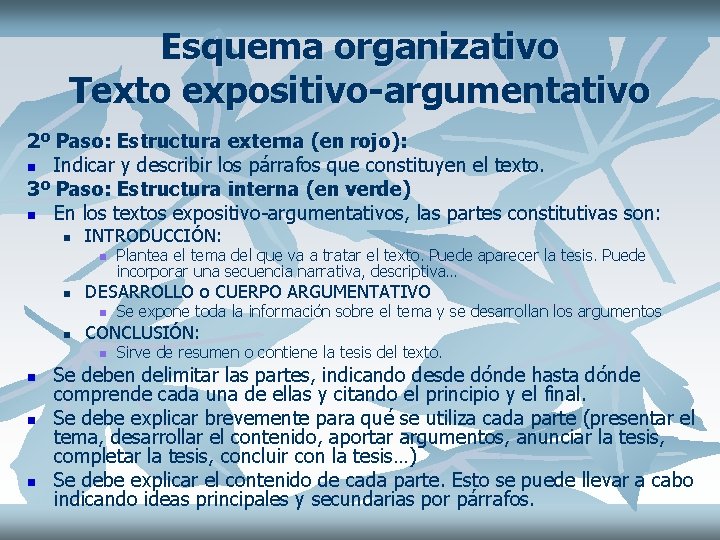 Esquema organizativo Texto expositivo-argumentativo 2º Paso: Estructura externa (en rojo): n Indicar y describir