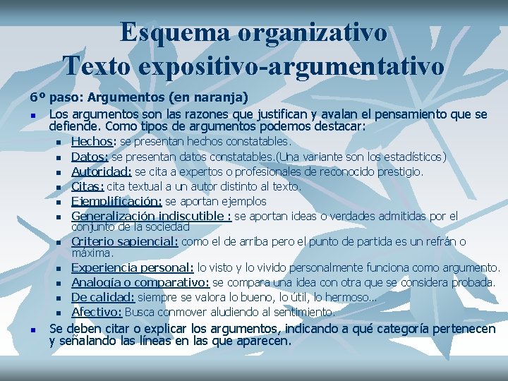 Esquema organizativo Texto expositivo-argumentativo 6º paso: Argumentos (en naranja) n Los argumentos son las
