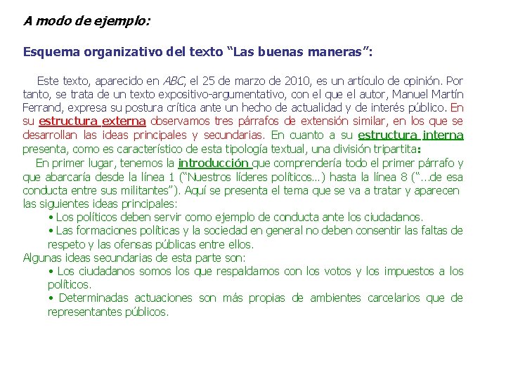 A modo de ejemplo: Esquema organizativo del texto “Las buenas maneras”: Este texto, aparecido