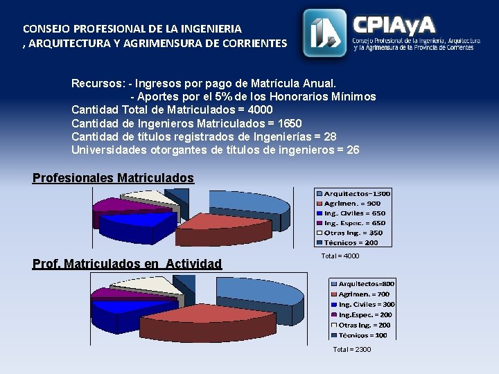 CONSEJO PROFESIONAL DE LA INGENIERIA , ARQUITECTURA Y AGRIMENSURA DE CORRIENTES Recursos: - Ingresos