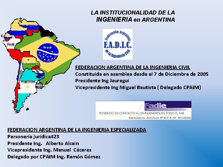 LA INSTITUCIONALIDAD DE LA INGENIERIA en ARGENTINA FEDERACION ARGENTINA DE LA INGENIERIA CIVIL Constituida