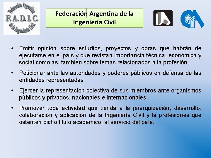 Federación Argentina de la Ingeniería Civil • Emitir opinión sobre estudios, proyectos y obras