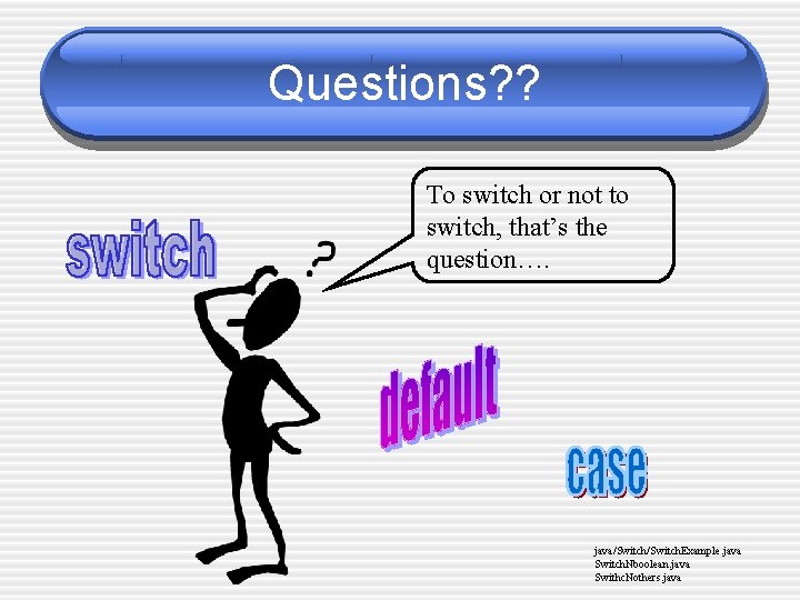 Questions? ? To switch or not to switch, that’s the question…. java/Switch. Example. java