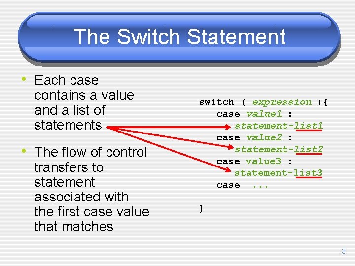 The Switch Statement • Each case contains a value and a list of statements