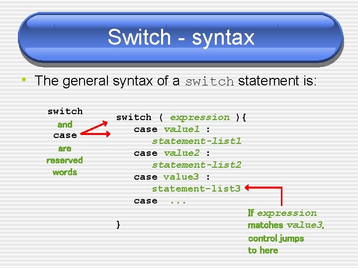 Switch - syntax • The general syntax of a switch statement is: switch and