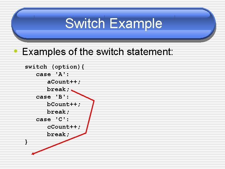 Switch Example • Examples of the switch statement: switch (option){ case 'A': a. Count++;