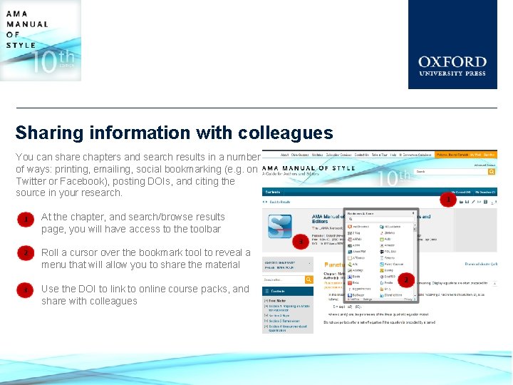 Sharing information with colleagues You can share chapters and search results in a number