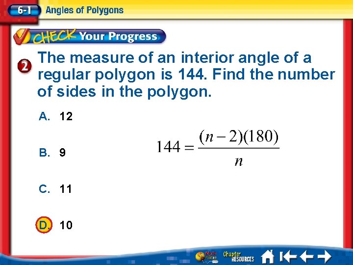 The measure of an interior angle of a regular polygon is 144. Find the