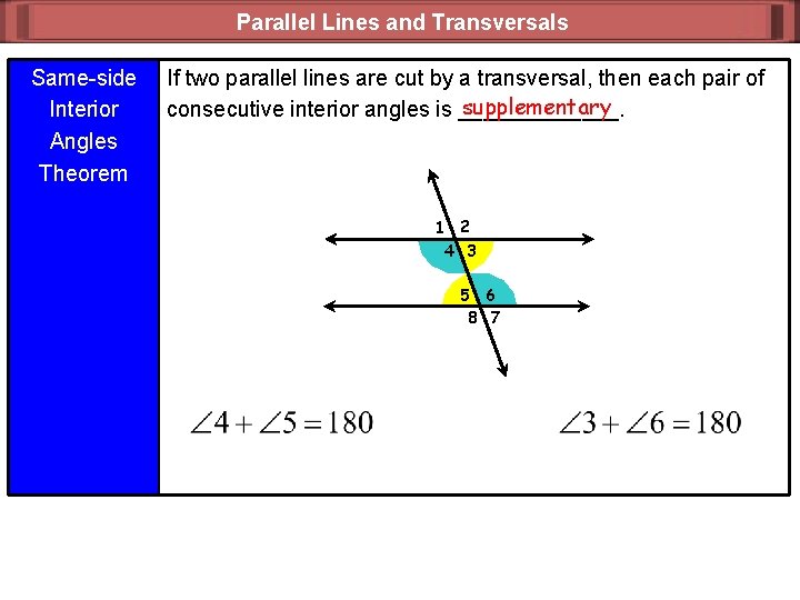 Parallel Lines and Transversals Same-side Interior Angles Theorem If two parallel lines are cut