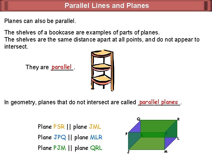 Parallel Lines and Planes can also be parallel. The shelves of a bookcase are