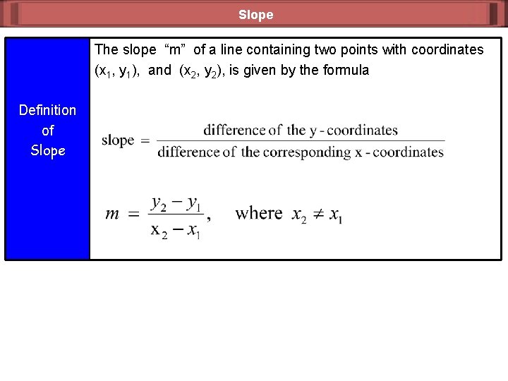 Slope The slope “m” of a line containing two points with coordinates (x 1,