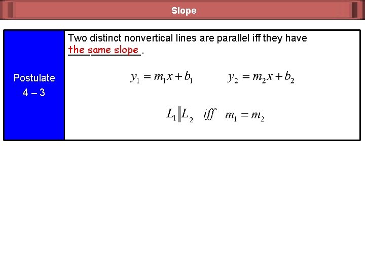 Slope Two distinct nonvertical lines are parallel iff they have the same slope _______.