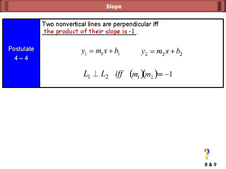 Slope Two nonvertical lines are perpendicular iff the product of their slope is -1