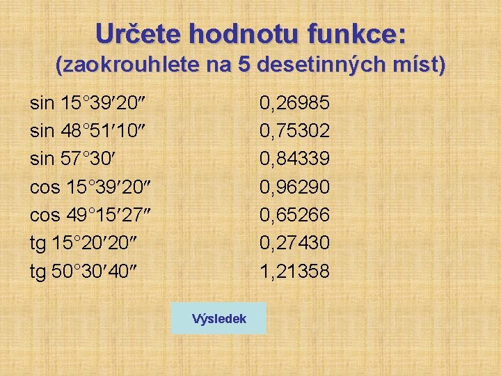 Určete hodnotu funkce: (zaokrouhlete na 5 desetinných míst) sin 15° 39 20 sin 48° Určete hodnotu funkce: (zaokrouhlete na 5 desetinných míst) sin 15° 39 20 sin 48°