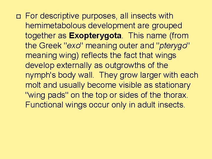  For descriptive purposes, all insects with hemimetabolous development are grouped together as Exopterygota.