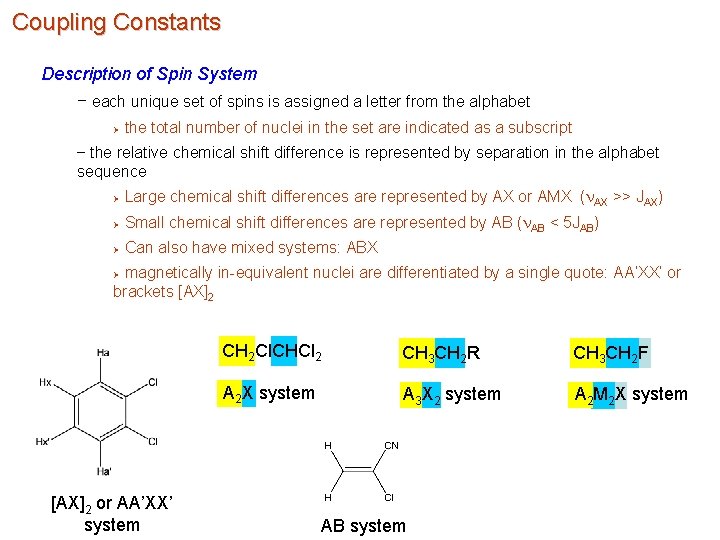 Coupling Constants Description of Spin System – each unique set of spins is assigned