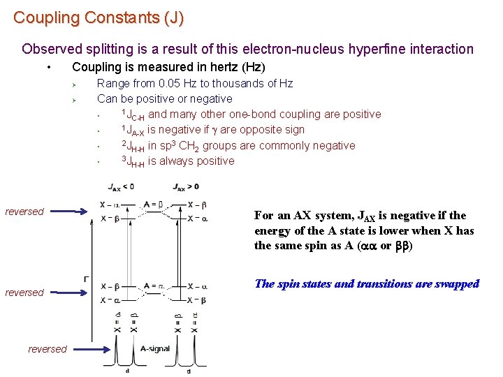 Coupling Constants (J) Observed splitting is a result of this electron-nucleus hyperfine interaction •