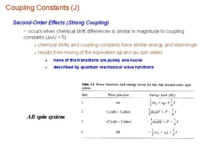 Coupling Constants (J) Second-Order Effects (Strong Coupling) – occurs when chemical shift differences is