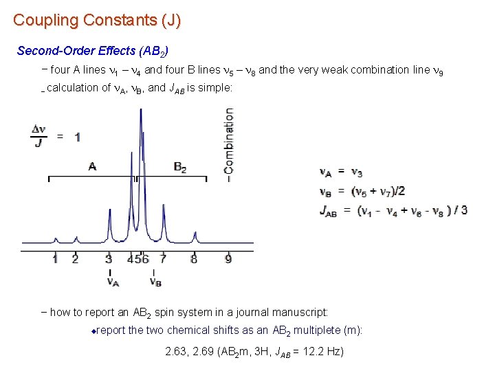 Coupling Constants (J) Second-Order Effects (AB 2) – four A lines n 1 –