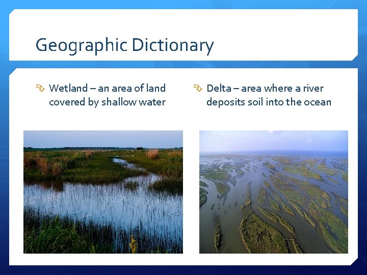 Geographic Dictionary Wetland – an area of land covered by shallow water Delta –
