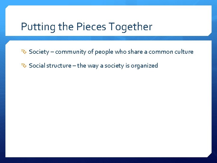 Putting the Pieces Together Society – community of people who share a common culture