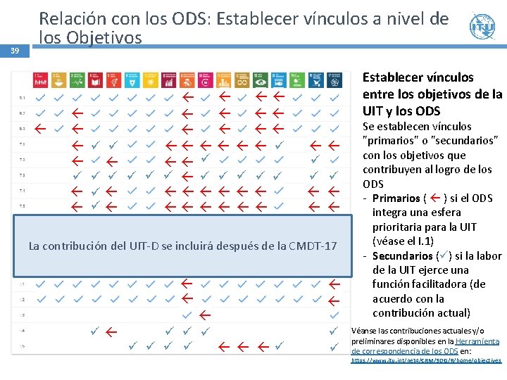 39 Relación con los ODS: Establecer vínculos a nivel de los Objetivos Establecer vínculos