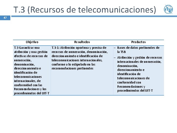 T. 3 (Recursos de telecomunicaciones) 47 Objetivo T. 3 Garantizar una atribución y una