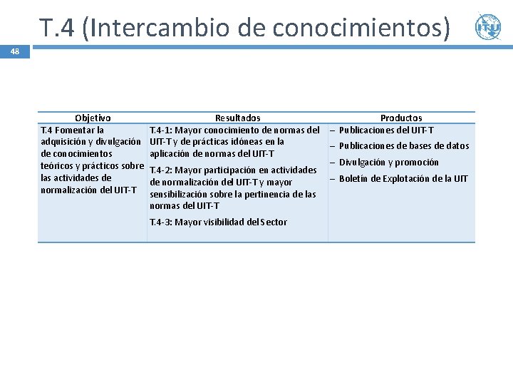 T. 4 (Intercambio de conocimientos) 48 Objetivo T. 4 Fomentar la adquisición y divulgación