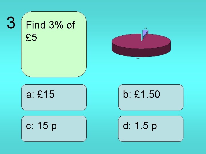 3 Find 3% of £ 5 a: £ 15 b: £ 1. 50 c: