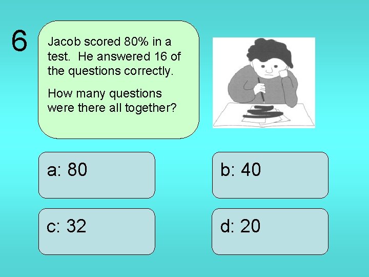 6 Jacob scored 80% in a test. He answered 16 of the questions correctly.