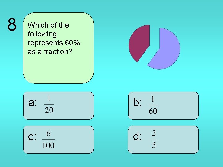 8 Which of the following represents 60% as a fraction? a: b: c: d: