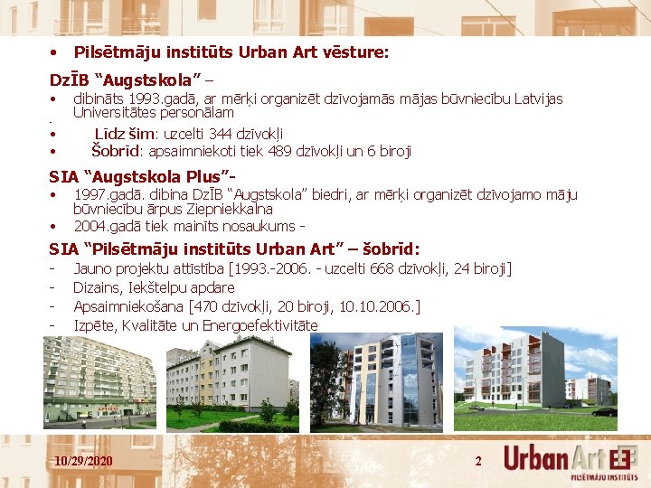  • Pilsētmāju institūts Urban Art vēsture: DzĪB “Augstskola” – • • dibināts 1993.