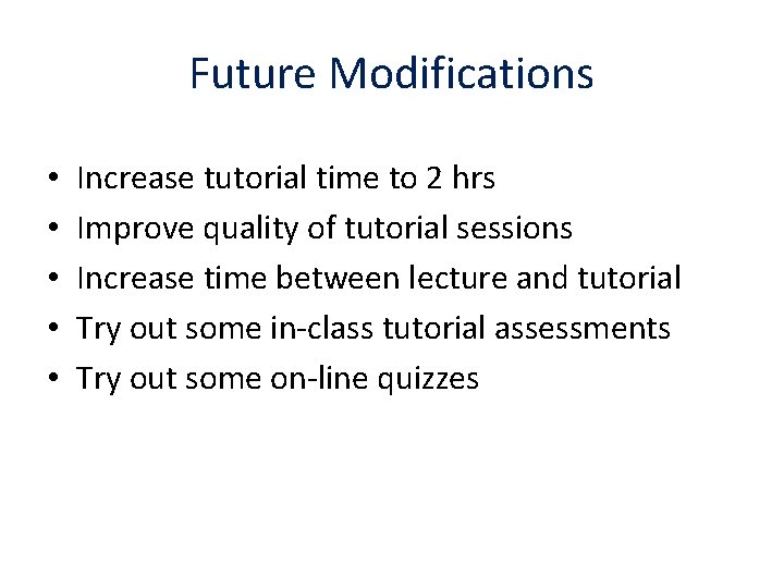 Future Modifications • • • Increase tutorial time to 2 hrs Improve quality of