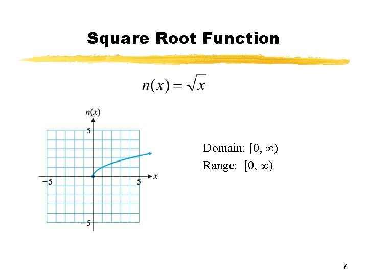 Square Root Function Domain: [0, ∞) Range: [0, ∞) 6 
