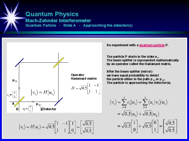 Quantum Physics Mach-Zehnder Interferometer Quantum Particle - State A - Approaching the detector(s) An