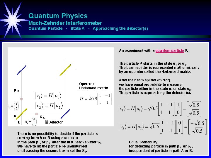 Quantum Physics Mach-Zehnder Interferometer Quantum Particle - State A - Approaching the detector(s) An