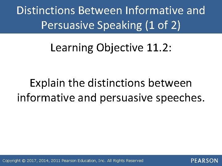 Distinctions Between Informative and Persuasive Speaking (1 of 2) Learning Objective 11. 2: Explain