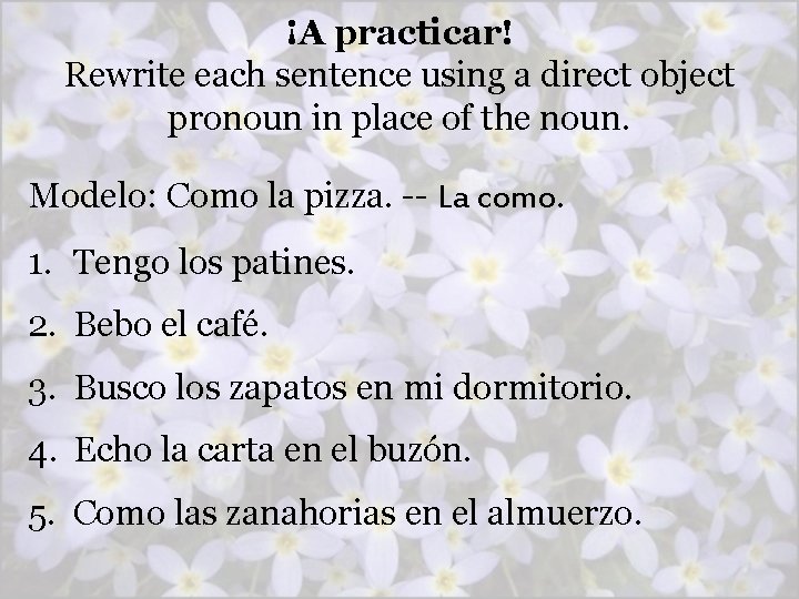 ¡A practicar! Rewrite each sentence using a direct object pronoun in place of the