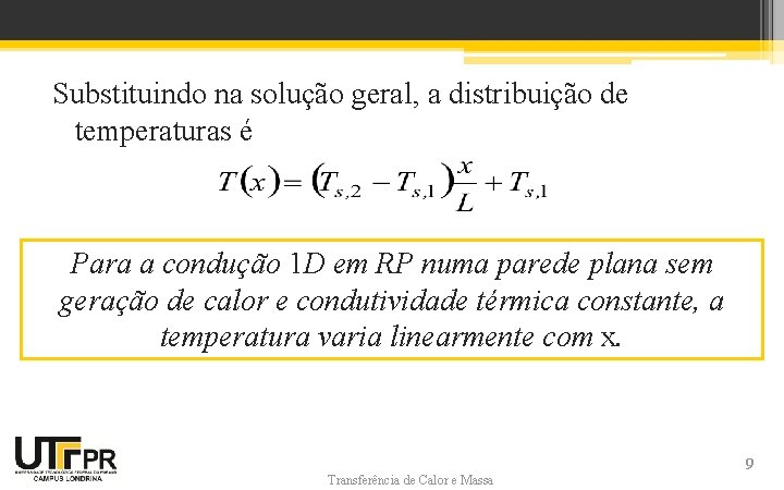 Substituindo na solução geral, a distribuição de temperaturas é Para a condução 1 D Substituindo na solução geral, a distribuição de temperaturas é Para a condução 1 D