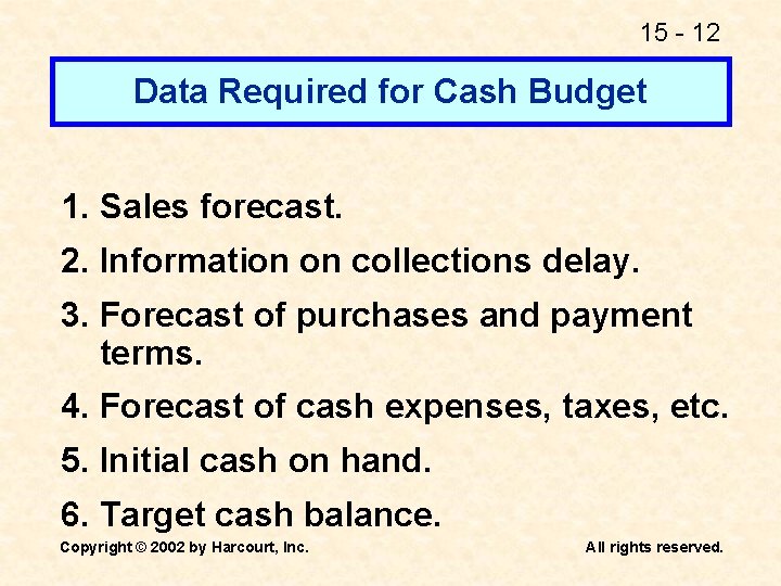 15 - 12 Data Required for Cash Budget 1. Sales forecast. 2. Information on