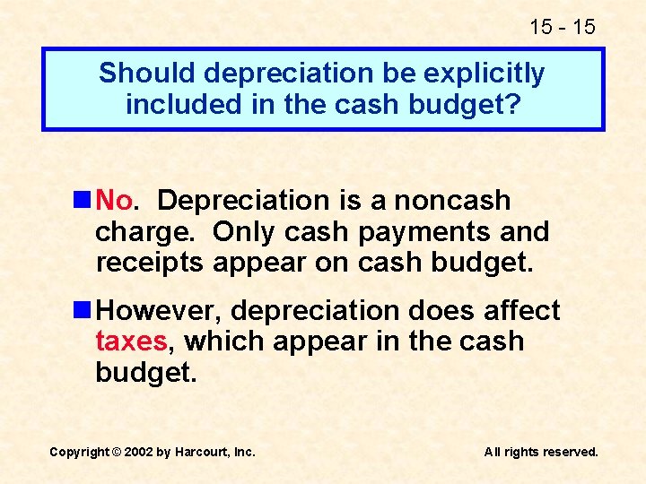 15 - 15 Should depreciation be explicitly included in the cash budget? n No.