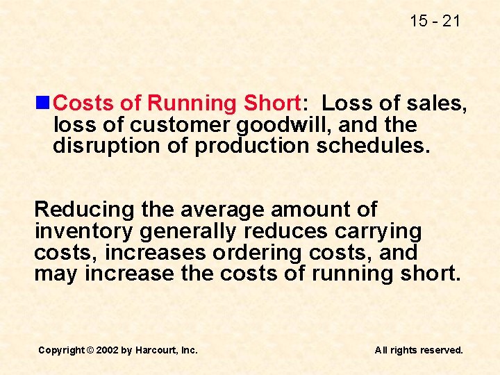 15 - 21 n Costs of Running Short: Loss of sales, loss of customer