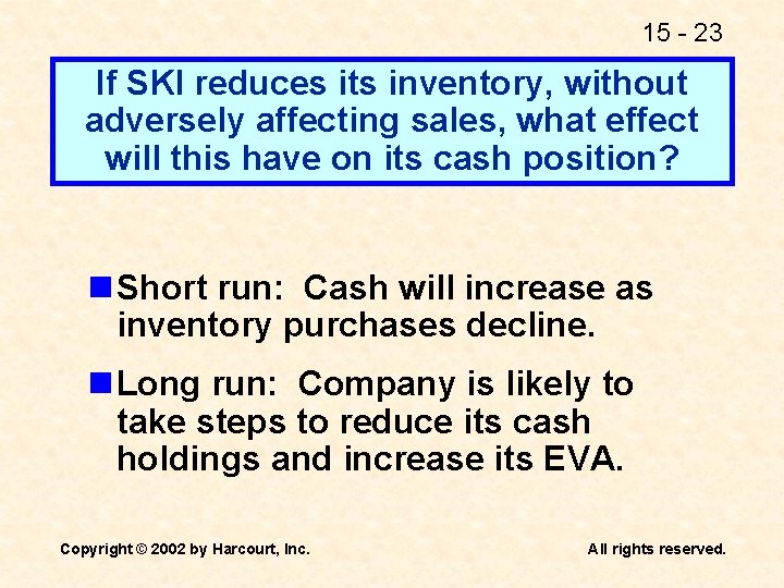 15 - 23 If SKI reduces its inventory, without adversely affecting sales, what effect