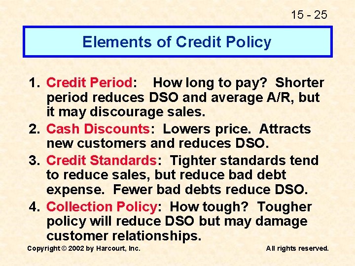 15 - 25 Elements of Credit Policy 1. Credit Period: How long to pay?