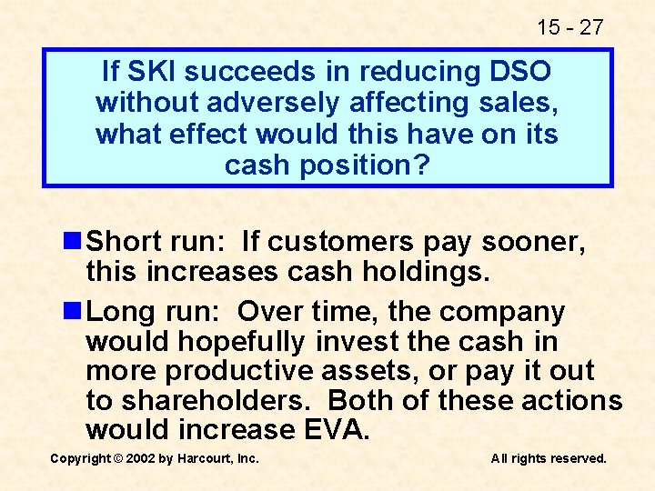 15 - 27 If SKI succeeds in reducing DSO without adversely affecting sales, what