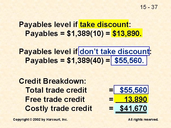 15 - 37 Payables level if take discount: Payables = $1, 389(10) = $13,