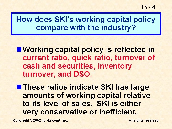 15 - 4 How does SKI’s working capital policy compare with the industry? n