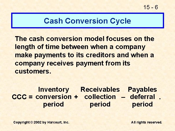 15 - 6 Cash Conversion Cycle The cash conversion model focuses on the length