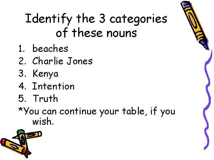 Identify the 3 categories of these nouns 1. beaches 2. Charlie Jones 3. Kenya